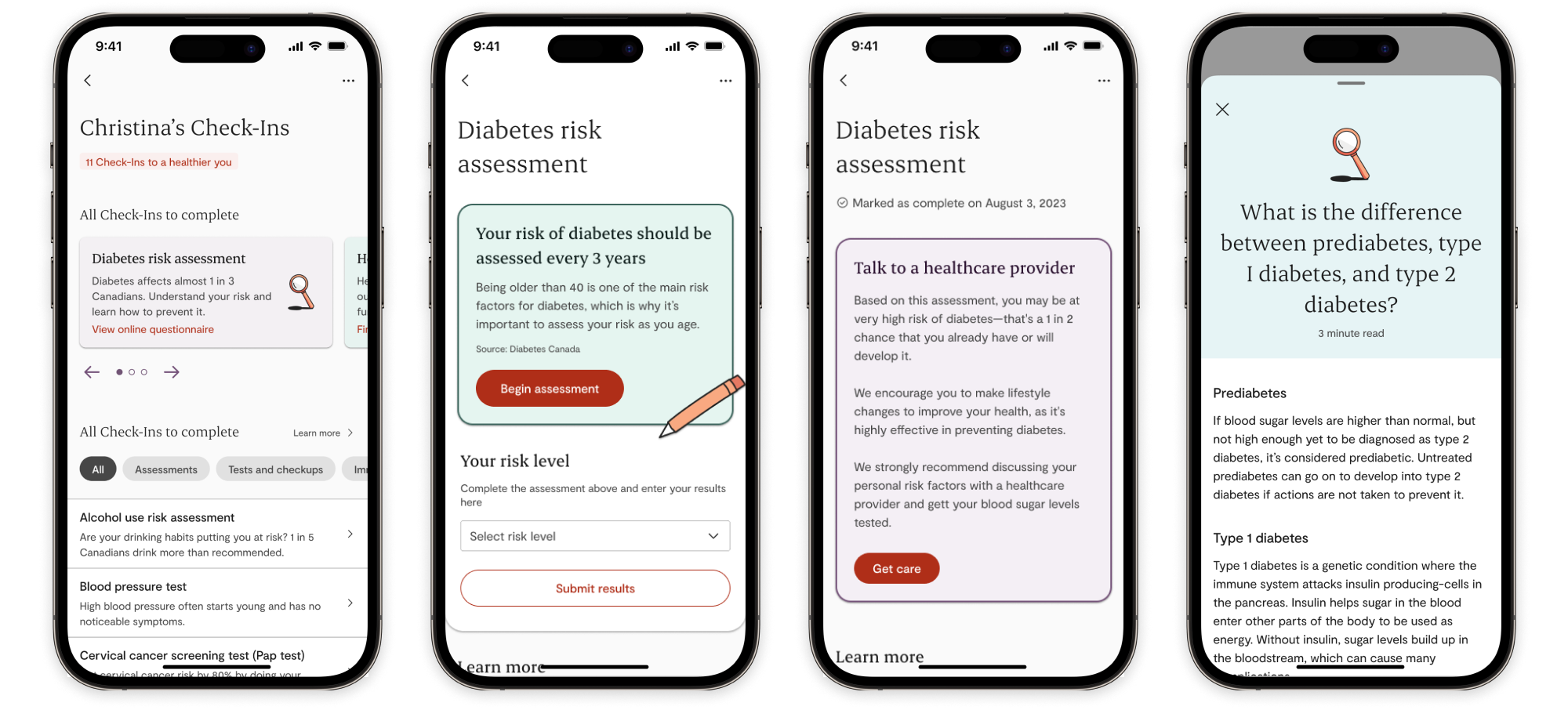 Mobile mockups showing 4 key screens of the Personal Health Check-Ins project