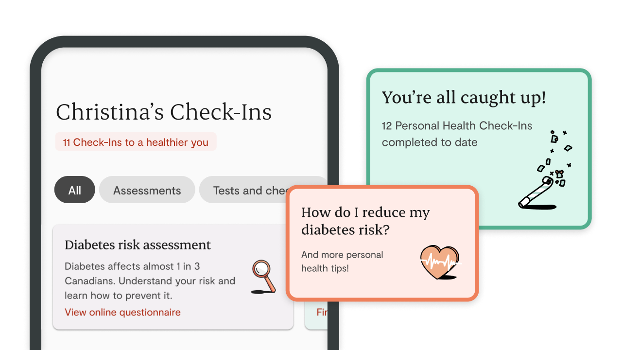 Screens showing health check-ins for someone named Christina, as well as health tips and congratulations for completing them